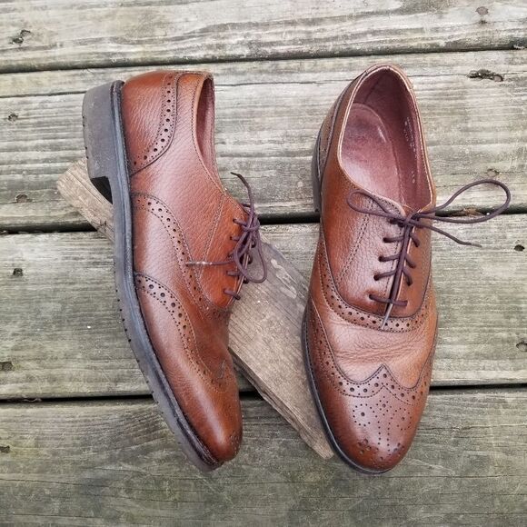 Vintage 70s Brown Leather Wingtip Brogue Vibram Sole Lace-up Derby Oxfords 8 - Picture 1 of 11